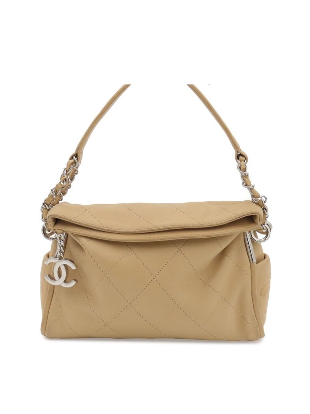 Chanel Chain Shoulder Bag CC Logo Beige Silver Lambskin